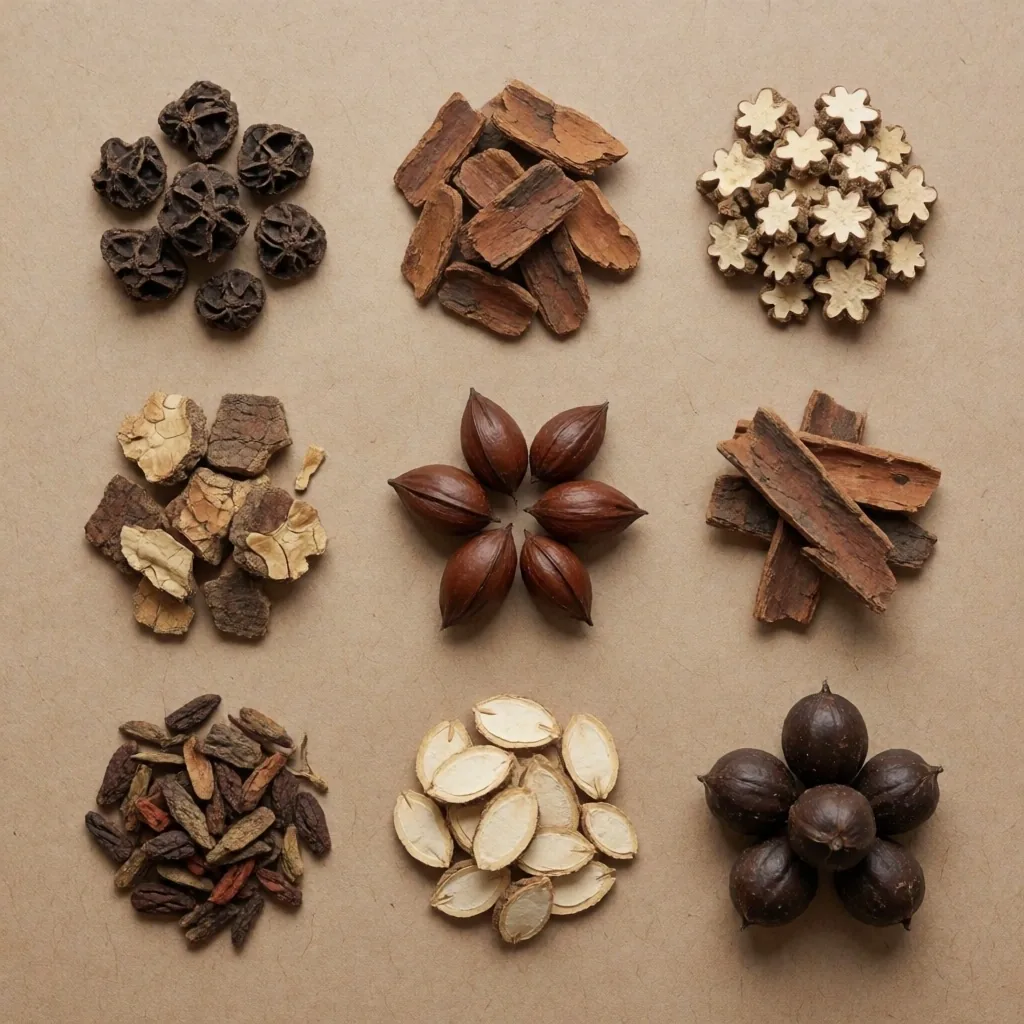 Dried botanical herbs and seeds on paper