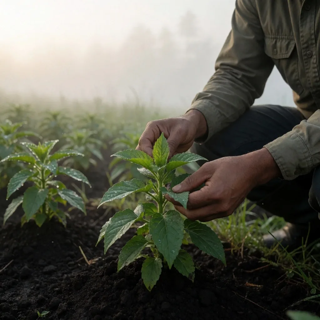 Highland plantation at dawn with mist over volcanic soil