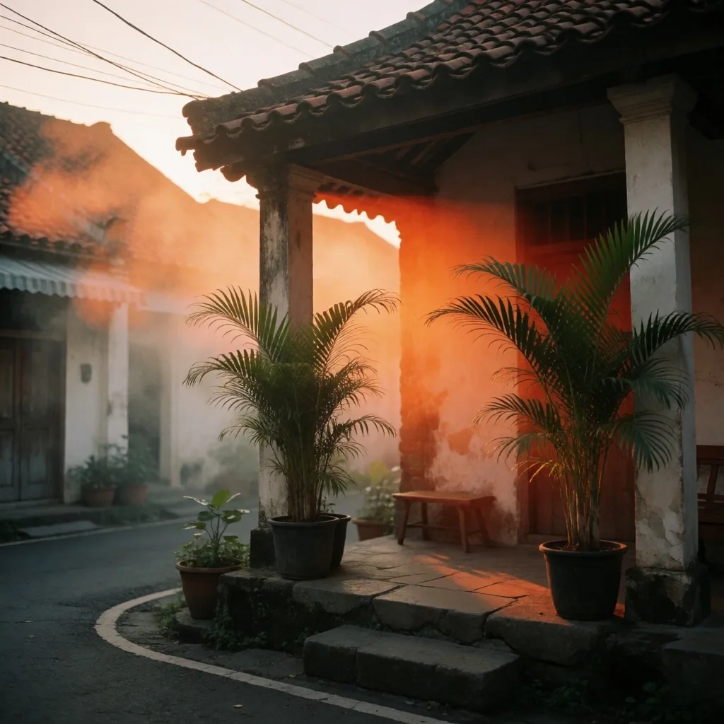 Jakarta street at golden hour with traditional shophouses