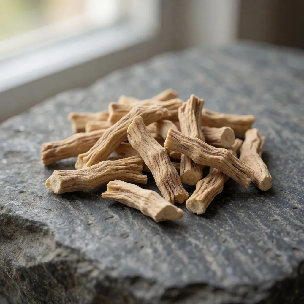 Dried ashwagandha root on stone surface