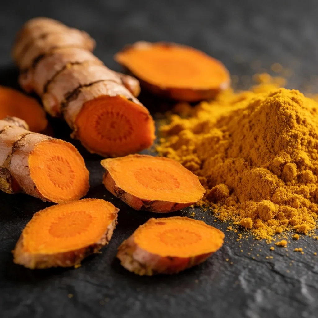 Fresh turmeric root and ground powder
