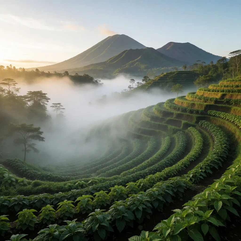 Highland botanical plantation at dawn with mist over volcanic soil
