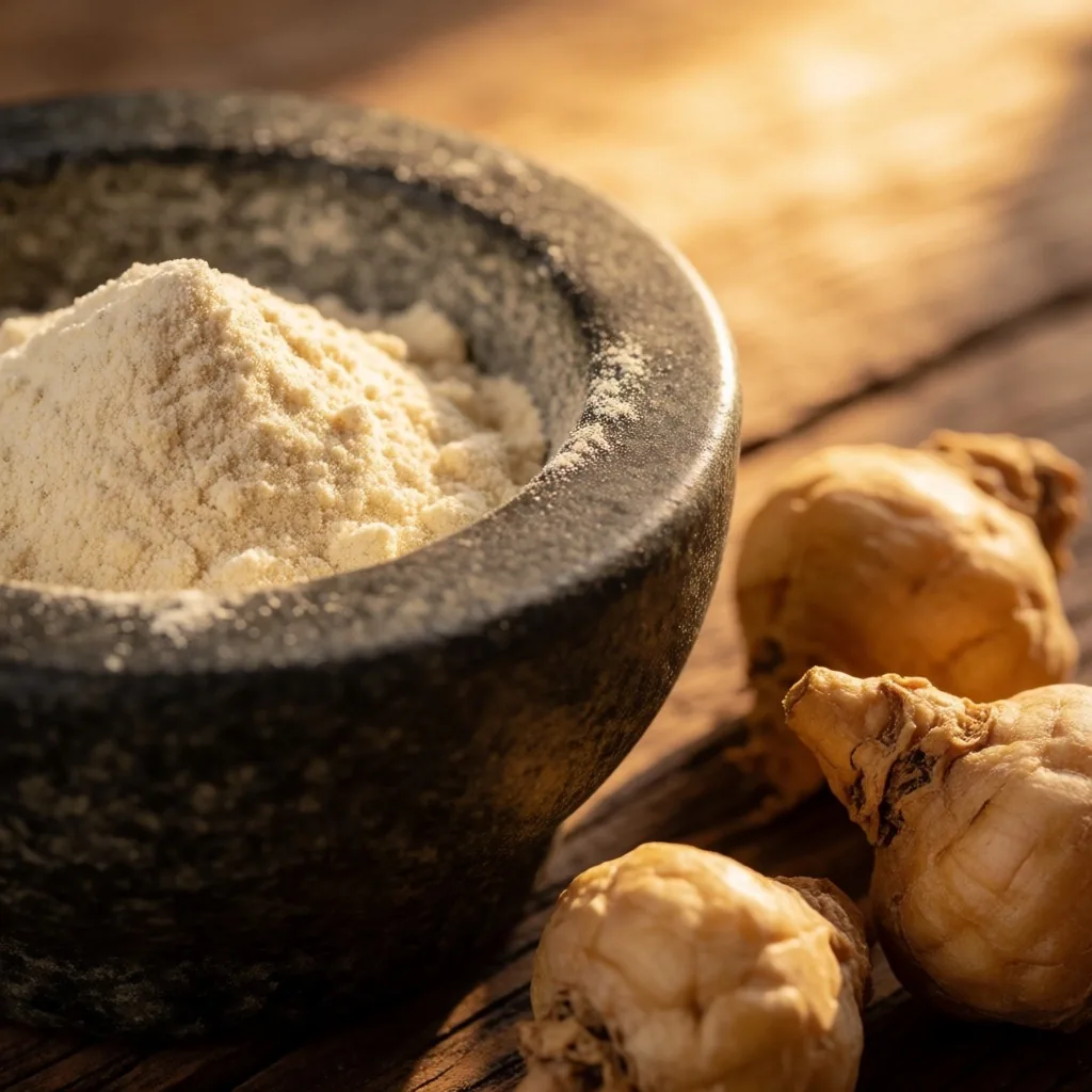 Maca root powder in a stone mortar