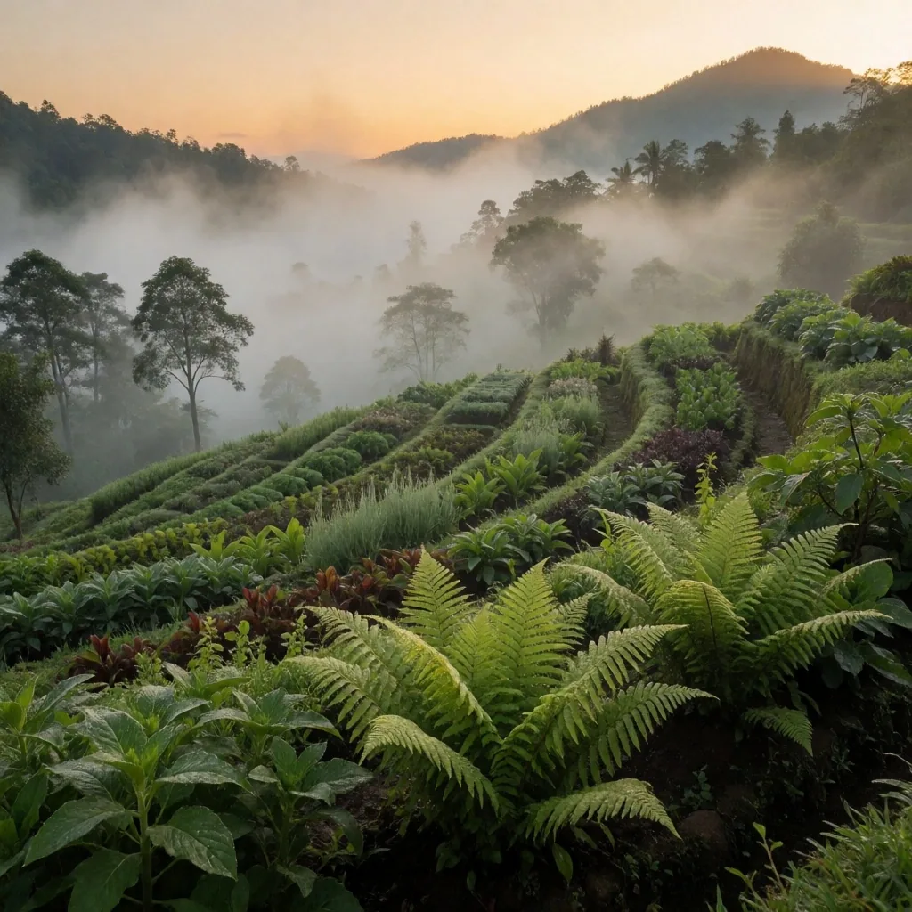 Botanical highland plantation at dawn with morning mist