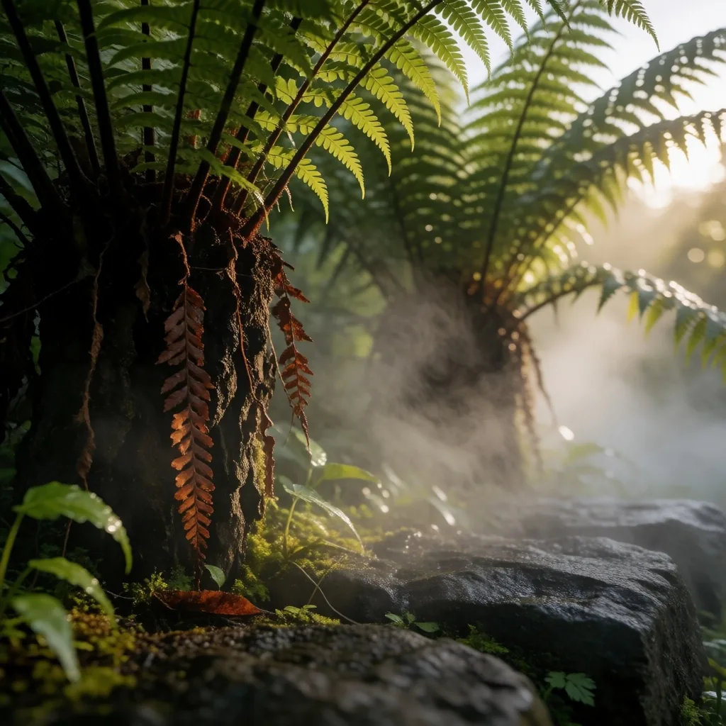 Indonesian highland foliage shrouded in dawn mist