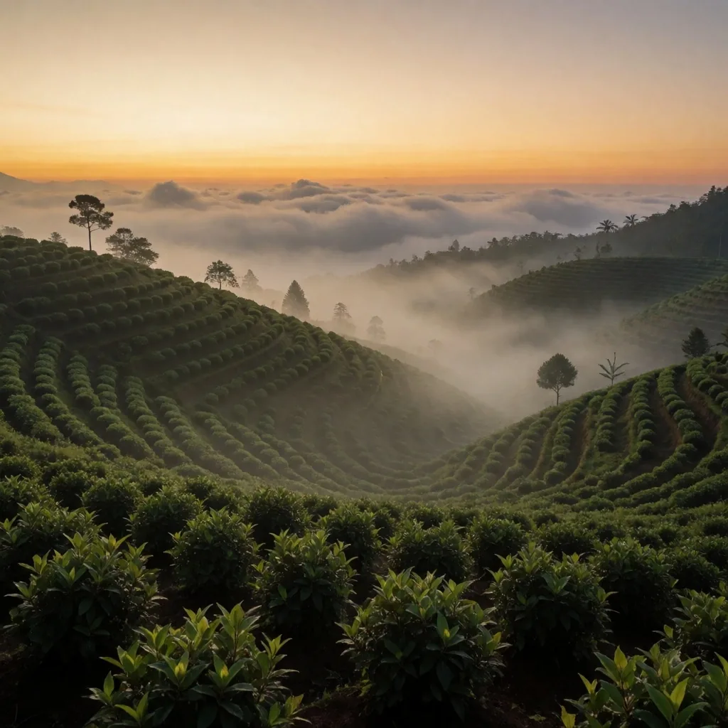 Highland plantation at dawn with mist over volcanic slopes