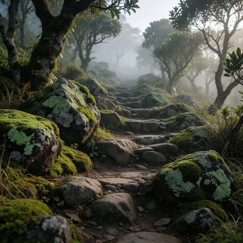 Stone path through highland forest